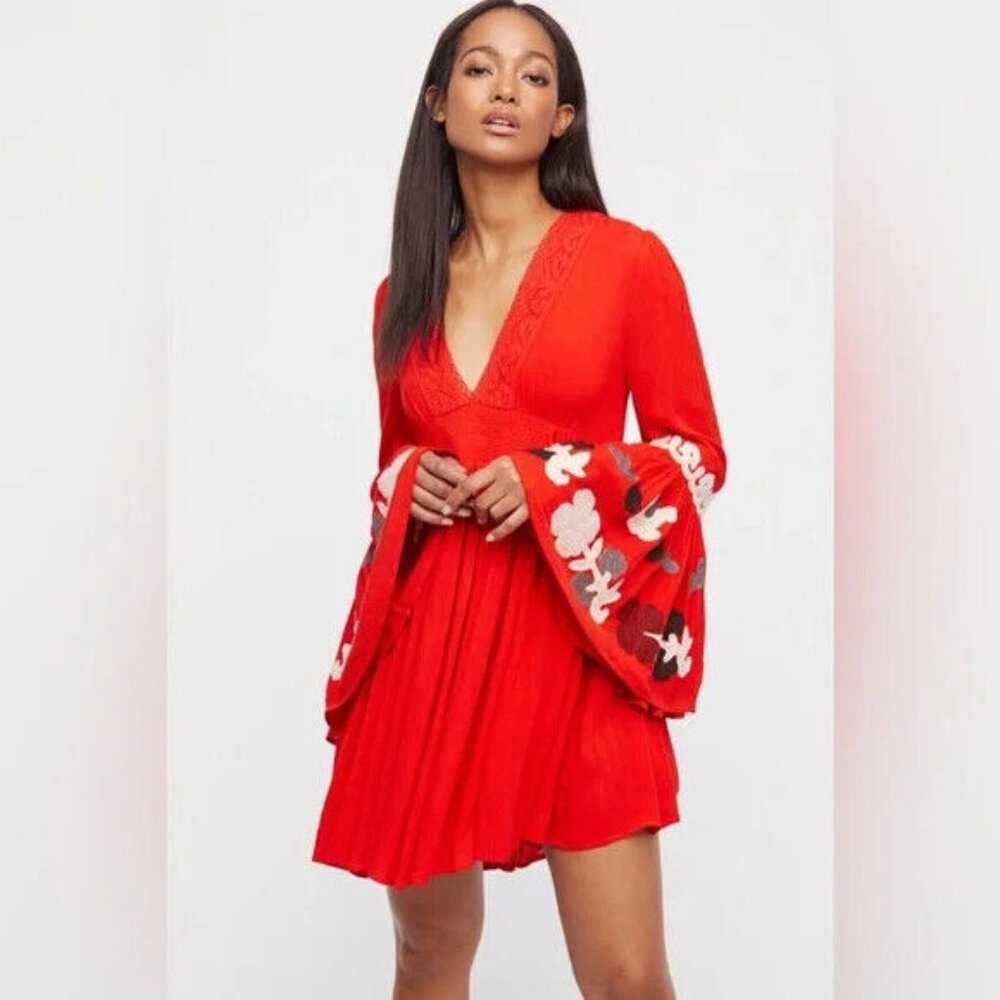 Free People So In Love Embroidered Bell Sleeve Floral Tunic Dress Red Orange Top